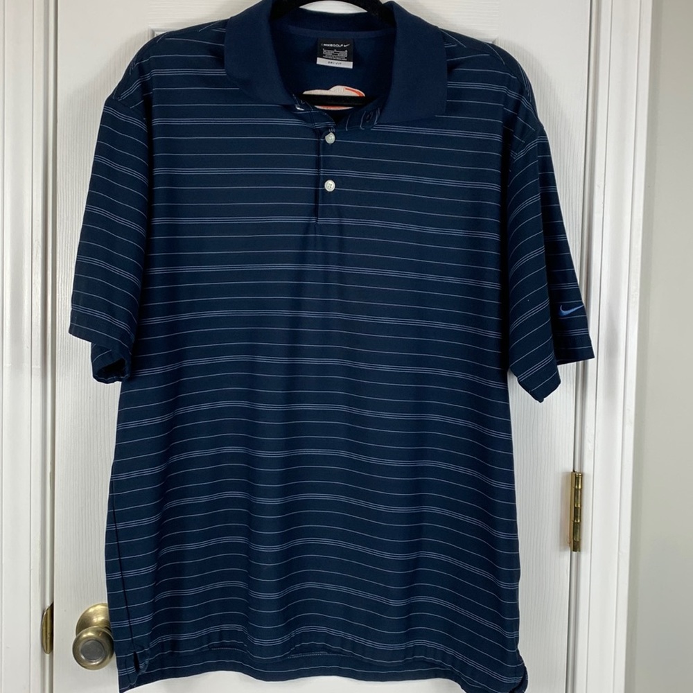 NikeGolf dri-fit navy blue striped polo with light blue stripes size Lg.